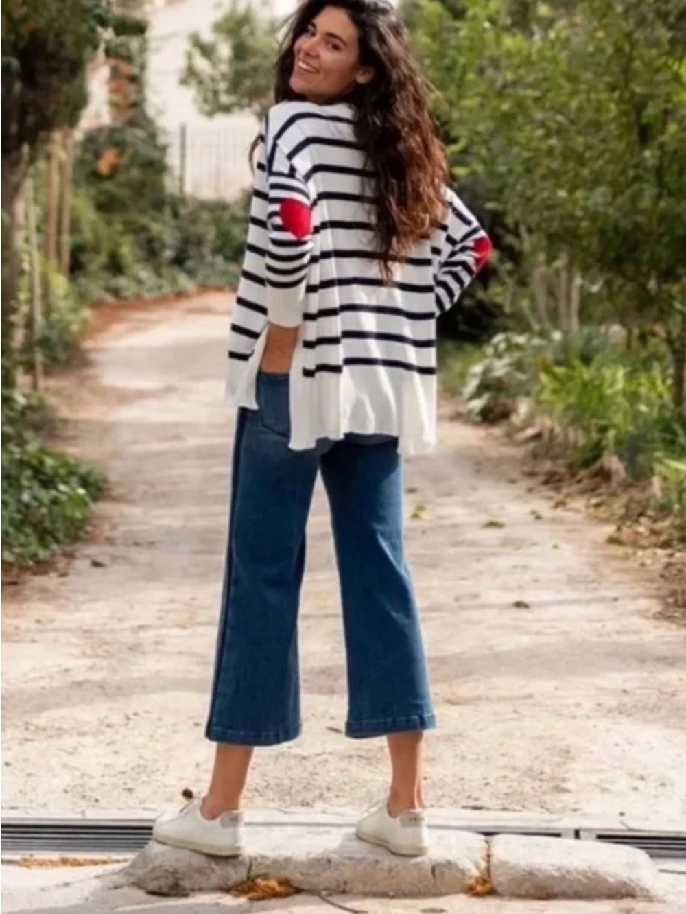 MERSEA Amour Sweater Oversized Dolman Coastal  Stripe Red Heart Elbow Patch OS